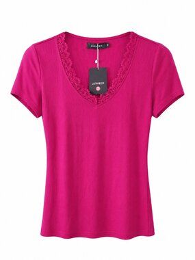 LUXVEER Fuchsia Lace Trim Ribbed V-Neck Top Size Medium NWT